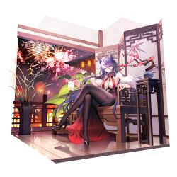 Rule 34 | 1girl, absurdres, aerial fireworks, alternate costume, azur lane, bare shoulders, black pantyhose, black shoes, breasts, center-flap bangs, chi an (azur lane), cleavage, cone hair bun, crossed legs, double bun, feather boa, fireworks, hair between eyes, hair bun, high-waist pantyhose, high heels, highres, indoors, jiangshuai mengenze, large breasts, long hair, long hair between eyes, looking at viewer, pantyhose, plant, potted plant, purple hair, shoes, sitting, solo, very long hair, wooden floor