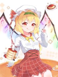 1girl alternate_costume ascot blonde_hair blush bow crystal cup flandre_scarlet food fork hat hat_ribbon highres holding holding_fork licking_lips long_sleeves looking_at_viewer marutoufu mob_cap pancake pancake_stack pudding puffy_sleeves red_eyes red_ribbon red_skirt ribbon shirt sitting skirt smile solo tongue tongue_out touhou white_shirt wings