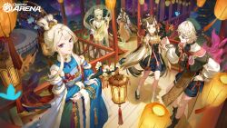 Rule 34 | 2boys, 3girls, architecture, armor, artist request, black dress, black hair, black headwear, black jacket, blonde hair, blue dress, blue eyes, branch, breastplate, breasts, brown eyes, character request, chin (onmyoji), chinese clothes, clothing cutout, commentary, copyright name, dress, east asian architecture, english commentary, escrin, fireworks, floating hair, green dress, green eyes, green hair, grey hair, hair behind ear, hair between eyes, hand on own hip, hanfu, highres, holding, holding branch, horns, jacket, kinnara (onmyoji), lantern, leaning forward, medium breasts, momo no sei (onmyoji), multiple boys, multiple girls, official art, oni horns, onikiri (onmyoji), onmyoji, onmyoji arena, parted lips, pointy ears, qixiong ruqun, second-party source, shoulder cutout, smile, strapless, strapless dress, sunglasses, surprised, tassel, white jacket