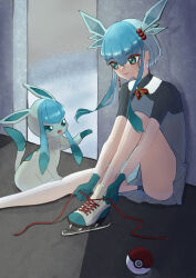 1girl blue_hair creatures_(company) figure_skating game_freak gen_4_pokemon glaceon leotard leotard_peek nintendo personification poke_ball pokemon