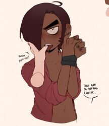 2boys ahoge black_eyeliner black_eyes blush bound bound_wrists brown_hair brown_nails collarbone collared_shirt commentary dark-skinned_male dark_skin drooling ear_piercing english_commentary existenc3 eyeliner finger_on_tongue furrowed_brow gideon_graves hair_over_one_eye hands_up makeup male_focus matthew_patel multiple_boys nail_polish navel open_clothes open_shirt piercing pov pov_hands red_shirt scott_pilgrim_(series) scott_pilgrim_takes_off shirt short_hair speech_bubble sweatdrop teeth thumb_in_mouth tongue tongue_out white_background yaoi