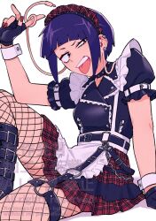 1girl alternate_costume apron arm_up audio_jack ayuda_ayutaro belt black_belt black_boots black_choker black_gloves black_shirt bob_cut boku_no_hero_academia boots chain choker commentary_request earclip english_text enmaided feet_out_of_frame fingerless_gloves fishnet_pantyhose fishnets frilled_shirt frills gloves hairband half-closed_eye hand_rest jiro_kyoka knee_up long_earlobes looking_at_viewer looking_to_the_side maid maid_headdress medium_hair nail_polish o-ring o-ring_thigh_strap open_mouth pantyhose plaid_clothes plaid_hairband plaid_skirt pleated_skirt purple_hair red_nails shirt sidelocks simple_background sitting skirt solo spiked_choker spikes teeth thigh_strap three_quarter_view tongue tongue_out uneven_eyes upper_teeth_only waist_apron watermark white_background wrist_cuffs