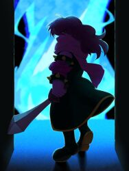 1girl adapted_costume ahoge alternate_universe black_boots black_border black_coat black_eyes blue_fire boots border bracelet coat colored_sclera colored_skin commentary deltarune don_omuretsu english_commentary expressionless fire full_body hair_between_eyes highres holding holding_sword holding_weapon jewelry long_hair looking_at_viewer monster_girl pillarboxed pink_scarf pink_skin purple_hair scarf shadow sleeveless sleeveless_coat snout solo spiked_arm spiked_bracelet spikes standing susie_(dark_world)_(deltarune) susie_(deltarune) sword weapon yellow_sclera