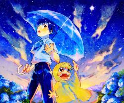 2017 2boys blonde_hair blue_flower blue_hair blue_necktie blue_pants cloud cupping_hand excited flower gash_bell gouache_(medium) highres holding holding_umbrella konjiki_no_gash!! multiple_boys necktie night night_sky o831o141 open_mouth painting_(medium) pants pointing pointing_up raincoat school_uniform shirt sky star_(sky) starry_sky takamine_kiyomaro traditional_media transparent transparent_umbrella umbrella white_shirt