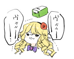 Rule 34 | 1girl, black hairband, blonde hair, blush stickers, bow, bowtie, brooch, closed mouth, flower, hair between eyes, hairband, highres, jewelry, long hair, mito (go!go!king!), original, purple bow, purple bowtie, red flower, ringlets, simple background, solo, translation request, trembling, v-shaped eyebrows, white background