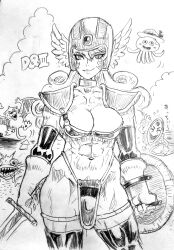 1girl abs absurdres armor bikini_armor blqueen breasts character_request cleavage collarbone cowboy_shot dragon_quest dragon_quest_iii helmet highres holding holding_shield holding_sword holding_weapon long_hair looking_at_viewer monochrome muscular muscular_female navel shield smile sword traditional_media warrior_(dq3) weapon winged_helmet