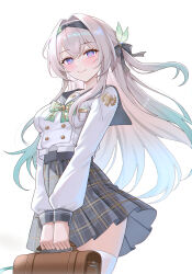 1girl absurdres bag black_bow blue_pupils bow bowtie breasts brown_bag buttons closed_mouth commentary double-breasted firefly_(honkai:_star_rail) firefly_(spring_missive)_(honkai:_star_rail) gradient_hair green_bow green_bowtie grey_hair grey_sailor_collar grey_skirt hair_bow hair_intakes highres holding holding_bag honkai:_star_rail honkai_(series) light_blush long_sleeves looking_at_viewer medium_breasts multicolored_hair official_alternate_costume plaid_clothes plaid_skirt purple_eyes sailor_collar school_bag school_uniform serafuku shirt simple_background skirt smile solo ssatang_118 thighhighs thighs white_background white_shirt white_thighhighs