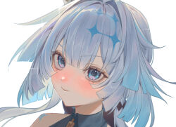 1girl blue_eyes blue_hair blunt_ends blush cerydra_(honkai:_star_rail) close-up closed_mouth commentary_request hair_intakes highres honkai:_star_rail honkai_(series) iga_(millmlml) looking_at_viewer portrait simple_background solo upper_body white_background
