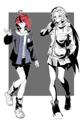 2girls absurdres ahoge aotsuki_eito black_hair black_skirt blue_eyes full_body genderswap genderswap_(mtf) glasses grey_background highres long_hair messy_hair multicolored_eyes multiple_girls pleated_skirt red_eyes simple_background skirt standing sumino_takumi the_hundred_line_-last_defense_academy- white_background white_hair white_skirt