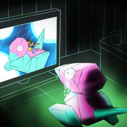 1girl 2boys ash_ketchum brock_(pokemon) crying gen_1_pokemon indoors lowres misty_(pokemon) multiple_boys nintendo pikachu pokemon pokemon_(anime) pokemon_(classic_anime) pokemon_(creature) porygon television usagipanchi