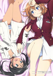 Rule 34 | 2girls, absurdres, black hair, blazer, blue eyes, blush, breasts, charlotte e. yeager, fang, francesca lucchini, green eyes, hair ribbon, highres, jacket, large breasts, long hair, looking at another, lying, military uniform, multiple girls, official art, on back, open mouth, orange hair, panties, red jacket, ribbon, small breasts, smile, strike witches, striped clothes, striped panties, twintails, underwear, white panties, world witches series, yuri