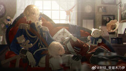 2boys a_kai_shouchao_munaiyi aiguillette award_ribbon axis_powers_hetalia blonde_hair blue_jacket bouquet clock closed_eyes couch curtains cushion epaulettes facial_hair fine_art_parody flower france_(hetalia) gloves goatee_stubble grandfather_clock hair_ribbon high_collar highres indoors jacket lap_pillow long_sleeves looking_at_viewer low_ponytail lying male_focus medal medium_hair military military_jacket military_uniform mona_lisa multiple_boys on_couch on_side painting_(object) pants parody phonograph picture_frame ponytail portrait_(object) purple_eyes red_jacket red_sash ribbon sash short_hair sitting sleeping smile stubble stuffed_animal stuffed_toy teddy_bear thick_eyebrows union_jack united_kingdom_(hetalia) white_sash window yaoi