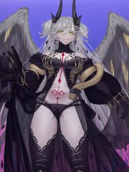 1girl absurdres black_panties blue_notuki breasts commentary demon_girl demon_horns demon_wings english_commentary evil_grin evil_smile fate/grand_order fate_(series) from_below green_eyes grey_hair grin highres horns large_breasts lilith_(fate) lilith_(third_ascension)_(fate) long_hair panties see-through_clothes see-through_panties skeletal_hand smile snake solo underwear wings