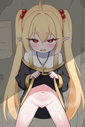 1girl absurdres ahoge blonde_hair blush censored clothes_lift commentary_request dress dress_lift hair_bobbles hair_ornament heart heart_censor highres korean_commentary lifting_own_clothes loli long_hair navel original pointy_ears red_eyes solo twintails zing_(z_z_zing)
