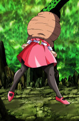 1girl absurdres cell_(dragon_ball) creature dragon_ball dragon_ball_super dragonball_z dress head_out_of_frame high_heels highres legs lower_body pantyhose pink_dress ribrianne ryona struggling stuck tail vore