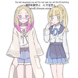 2girls alternate_costume blonde_hair blush_stickers braid collarbone cowboy_shot cutoffs denim denim_shorts facing_viewer green_eyes grey_eyes half-closed_eyes highres lillie_(pokemon) long_hair long_sleeves looking_at_viewer mina_(pokemon) multiple_girls neck_ribbon nintendo paint_in_hair paint_splatter paint_splatter_on_face pokemon pokemon_sm ponytail remoooon ribbon shorts skirt standing wide_sleeves