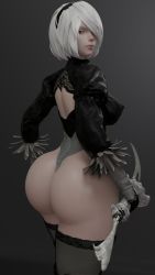 1girl 3d android ass blue_eyes breasts cpt-flapjack from_behind gloves hair_over_one_eye hairband highres huge_ass large_breasts leotard looking_at_viewer nier_(series) nier:automata shiny_skin short_hair sideboob silver_hair solo sword thighhighs thong thong_leotard weapon 2b_(nier:automata)