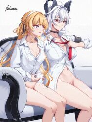 2girls adversarial_noise armband black_armband black_bow black_choker black_horns blonde_hair blue_eyes bottomless bow breasts choker closed_mouth clothes_grab collarbone collared_shirt commentary_request couch cup curled_horns feet_out_of_frame hair_between_eyes hair_bow highres holding holding_cup horns large_breasts light_blush long_hair looking_at_another medium_breasts multiple_girls naked_shirt necktie necktie_grab neckwear_grab no_num21 on_couch paid_reward_available partially_unbuttoned phoebe_(wuthering_waves) red_eyes red_necktie shirt signature sitting smile striped_bow tacet_mark_(wuthering_waves) very_long_hair white_shirt wuthering_waves zani_(wuthering_waves)