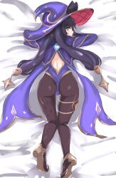 Rule 34 | 1girl, absurdres, aqua eyes, ass, backless outfit, bed sheet, bent over, black hair, black pantyhose, blue leotard, cameltoe, from behind, genshin impact, hair ornament, hat, highleg, highleg leotard, highres, jeminiremu, jewelry, leotard, long hair, looking at viewer, looking back, mona (genshin impact), pantyhose, purple hair, slap mark, solo, spanked, star (symbol), star hair ornament, thigh gap, twintails, witch hat