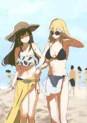 Rule 34 | 1boy, 4girls, absurdres, bang dream!, bang dream! it&#039;s mygo!!!!!, beach, bikini, black bikini, blonde hair, breasts, brown hair, brown hat, closed eyes, commentary, hair between eyes, hat, highres, locked arms, long hair, medium breasts, medium hair, misumi uika, multiple girls, navel, open mouth, outdoors, people, purple eyes, rainbow hose, stomach, sumimi (bang dream!), sumita mana, sun hat, sunglasses, swimsuit, symbol-only commentary