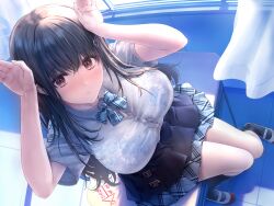 Rule 34 | 1girl, absurdres, ai ai gasa, black hair, black skirt, black socks, blue bra, blue skirt, blush, bra, bra visible through clothes, breasts, brown eyes, bursting breasts, classroom, collared shirt, commentary request, desk, hair between eyes, hair ornament, highres, large breasts, layered skirt, long hair, looking at viewer, on desk, original, parted lips, plaid clothes, plaid skirt, pleated skirt, rabbit hair ornament, rabbit pose, school desk, school uniform, see-through clothes, shirt, shoes, sitting, skirt, socks, solo, suien, thighs, underwear, very long hair, wet, wet clothes, wet shirt, white shoes, window