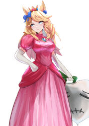 &gt;:( 1girl absurdres animal_ears blonde_hair blue_bow blue_eyes bow breasts brooch commentary_request cosplay cowboy_shot crown dress elbow_gloves gloves gold_city_(umamusume) hair_bow highres horse_ears jewelry long_hair mario_(series) medium_breasts mini_crown nintendo pink_dress princess_peach princess_peach_(cosplay) puffy_short_sleeves puffy_sleeves radish rakasei5050 short_sleeves simple_background solo standing super_smash_bros. turnip_(mario) umamusume v-shaped_eyebrows white_background white_gloves