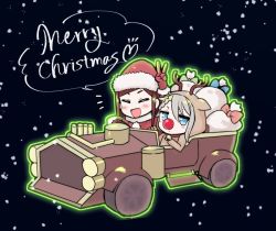 Rule 34 | 2girls, :d, ange (princess principal), animal costume, blue eyes, bow, brown hair, car, christmas, commentary request, dorothy (princess principal), gift, heart, merry christmas, motor vehicle, multiple girls, niina ryou, open mouth, princess principal, red nose, reindeer costume, sack, santa costume, silver hair, smile, snowing, v, vehicle focus