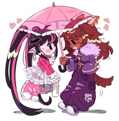 Rule 34 | 2girls, absurdly long hair, ahoge, animal ear piercing, animal ears, ascot, bag, baggy pants, bat hair ornament, belt, black belt, black eyes, black hair, boots, brown tail, clawdeen wolf, colored skin, commentary, cropped jacket, dark-skinned female, dark skin, deformed, draculaura, earrings, eye contact, eyeshadow, face-to-face, fang, fishnet pantyhose, fishnets, floating, freckles, frilled skirt, frilled sleeves, frilled umbrella, frills, from side, full body, fur hood, grocery bag, hair ornament, heart, highres, holding, holding bag, holding umbrella, hood, hood down, hooded jacket, interracial, jacket, jewelry, knee boots, long hair, looking at another, makeup, medium skirt, midriff, monster high, monster high (g1), multicolored hair, multiple girls, nail polish, navel, open mouth, pants, pantyhose, pink boots, pink hair, pink shirt, pink skin, pink umbrella, plaid clothes, plaid skirt, profile, puff and slash sleeves, puffy sleeves, purple eyeshadow, purple nails, purple pants, purple shoes, shadow, sharpycharot, shirt, shoes, shopping bag, sidelocks, simple background, skirt, solid oval eyes, spiked sleeves, standing, streaked hair, sweatdrop, symbol-only commentary, tail, twintails, two-tone hair, umbrella, very long hair, white ascot, white background, white skirt, white sleeve cuffs, wolf ears, wolf girl, wolf tail, yuri