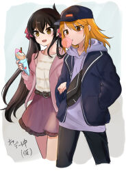 2girls ahoge alternate_eye_color am_(ajamuw) androgynous bag baseball_cap belt belt_buckle black_bag black_hair black_pants black_trim blowing_bubble_gum blowing_bubbles blue_hoodie blue_jacket brown_eyes buckle character_name chewing_gum child collarbone commentary_request crepe dot_nose english_text fanny_pack feet_out_of_frame fingernails food food_wrapper hair_between_eyes hair_ribbon hand_up hands_in_pockets hat heart holding holding_crepe holding_food hood hood_down hoodie idolmaster idolmaster_cinderella_girls jacket jacket_over_hoodie jewelry light_blush locked_arms long_bangs long_hair long_sleeves low_twintails matoba_risa multiple_girls nail_polish necklace open_clothes open_jacket open_mouth orange_hair pants parted_lips pink_jacket pink_nails pink_ribbon pocket ribbon shirt sidelocks smile straight_hair striped_clothes striped_shirt sweatpants swept_bangs translation_request twintails very_long_hair walking white_shirt wrapper yellow_eyes yuri yuuki_haru