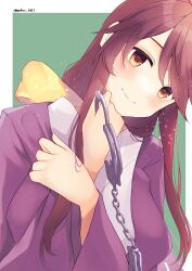 Rule 34 | 1girl, aoko (myut7287), border, bow, breasts, closed mouth, cuffs, green background, hair bow, handcuffs, highres, holding, holding handcuffs, japanese clothes, kimono, kotohime (touhou), layered clothes, layered kimono, medium breasts, purple kimono, red eyes, red hair, simple background, smile, solo, touhou, touhou (pc-98), upper body, white border, white kimono, yellow bow