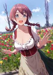 1girl :d aqua_eyes bare_tree blue_sky braid breasts brown_hair cleavage collarbone corset dated day dress emma_verde flower frilled_dress frills garden german_clothes hands_up highres large_breasts looking_at_viewer love_live! love_live!_nijigasaki_high_school_idol_club open_hands open_mouth outdoors puffy_short_sleeves puffy_sleeves shamakho short_sleeves signature sky smile solo tree twin_braids