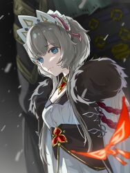 1girl absurdres black_background black_fur blue_eyes blunt_bangs blurry blurry_background bug butterfly chinese_commentary closed_mouth coat crystalfly_(genshin_impact) depth_of_field detached_collar dress fatui_coat fur-trimmed_coat fur_trim genshin_impact glowing glowing_butterfly gradient_background grey_coat greyscale headdress highres insect looking_at_viewer looking_to_the_side monochrome outdoors red_butterfly sandrone_(genshin_impact) shade short_hair snow snowing standing upper_body winter winter_clothes winter_uniform yexiuyexiuyexiu