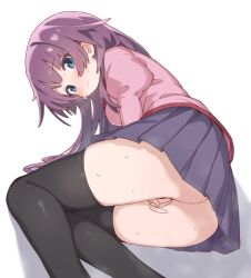 1girl aku0 ass between_legs black_thighhighs blue_eyes blush commentary hand_between_legs highres jacket long_hair lying monogatari_(series) pink_jacket purple_hair purple_skirt senjougahara_hitagi simple_background skirt sweat thighhighs white_background