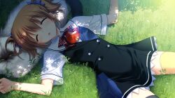 1girl apple asymmetrical_legwear bitten_apple black_dress black_thighhighs blue_bow blue_dress blush bow bowtie breasts brown_hair buttons cat closed_eyes collared_shirt cowboy_shot day double-breasted dress food food_bite fruit fumio_(ura_fmo) game_cg grisaia_(series) grisaia_no_kajitsu hair_bow irisu_makina lying lying_on_animal mismatched_legwear non-web_source on_back on_grass open_mouth outdoors plaid_bow plaid_bowtie plaid_clothes red_bow red_bowtie sailor_collar school_uniform shirt short_sleeves short_twintails sleeping small_breasts solo thighhighs twintails two-tone_dress white_cat white_sailor_collar white_shirt yellow_thighhighs