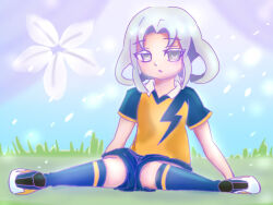 1girl akasode_matsuri_(inazuma_eleven) blue_shirt blue_shorts blue_socks collar flat_chest grey_eyes grey_hair hakkou_soft inazuma_eleven_(series) inazuma_eleven_victory_road large_variant_set medium_hair parted_lips raimon raimon_soccer_uniform shirt short_sleeves shorts sidelocks sitting soccer_uniform socks solo sportswear two-tone_shirt variant_set white_collar yellow_shirt