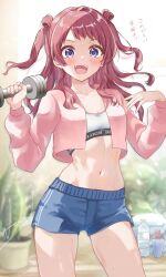 Rule 34 | 1girl, absurdres, backlighting, blue shorts, blush, bottle, breasts, brown hair, cleavage, clothes writing, collarbone, commentary request, cropped jacket, drink, dumbbell, gakuen idolmaster, hanami saki, highres, holding, holding dumbbell, idolmaster, indoors, jacket, linea alba, long hair, looking at viewer, navel, pink jacket, plant, potted plant, short shorts, shorts, signature, small breasts, smile, solo, sports bra, stomach, sunlight, sweat, thighs, towel, two side up, wano (azayakam), water, water bottle, white sports bra