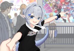 :d basher black_shirt blue_bow blue_eyes boros_(ouro_kronii) bow clothes_writing commentary english_commentary grey_hair hair_between_eyes hair_bow hair_bun hair_intakes highres holding_hands hololive hololive_english male_focus multiple_boys multiple_girls notice_lines open_mouth ouro_kronii personification pointing pointy_ears pov pov_hands shirt short_hair short_sleeves smile snake_boy snake_tail solo_focus sparkle t-shirt tail teeth trap upper_teeth_only virtual_youtuber wristband