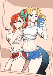 2girls absurdres bare_shoulders blonde_hair blue_eyes blue_nails blue_shorts breasts closed_mouth collarbone commentary dolphin_shorts earrings english_commentary finger_to_cheek green_hairband hairband hand_on_another&#039;s_stomach high_ponytail highres holding holding_phone hyyun_ho jewelry june_(hyyun_ho) long_hair medium_breasts midriff multiple_girls navel one_eye_closed orange_eyes orange_hair original phone ponytail puckered_lips red_shorts selfie shirt short_hair short_shorts shorts tank_top tied_shirt white_shirt white_tank_top wristband
