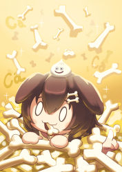 0_0 :3 animal_ears bob-the-bison bone brown_hair chibi dog_ears dragon_quest hair_between_eyes hair_ornament hairclip highres hololive inugami_korone slime_(dragon_quest) solo virtual_youtuber yellow_background