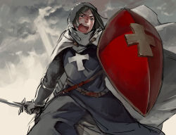1boy armor bad_id bad_pixiv_id black_eyes black_hair chainmail fate/zero fate_(series) male_focus md5_mismatch motsu_(kk_3) screaming shield solo source_request sword templar waver_velvet weapon