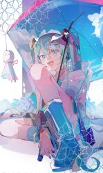 1girl :d black_ribbon black_skirt black_sleeves blue_boots blue_eyes blue_hair blue_nails blue_necktie blush boots collared_shirt commentary convenient_leg detached_sleeves full_body grey_shirt hair_ornament hair_ribbon happy hatsune_miku headphones headset highres holding holding_umbrella knee_up long_hair looking_at_viewer miku39love3 miniskirt necktie open_mouth ribbon rubber_boots shirt shoulder_tattoo signature single_bare_shoulder sitting skirt sleeveless sleeveless_shirt smile solo tattoo teruterubouzu twintails umbrella very_long_hair vocaloid white_background