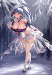 1girl bare_shoulders black_footwear blue_collar blue_eyes blue_hair breasts collar commission detached_collar detached_sleeves flower forest grey_hair hair_flower hair_ornament highres large_breasts leaning_forward lips mad_kimo miniskirt multicolored_hair nature original parted_lips pink_flower ponytail see-through_clothes see-through_sleeves skirt snowflake_pupils snowing streaked_hair thighhighs white_skirt white_thighhighs zettai_ryouiki