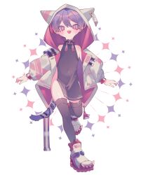 1boy animal_ear_hood animal_ears black_dress black_thighhighs blush bright_pupils cat_ears cat_tail china_dress chinese_clothes commentary covered_navel crossdressing dress fake_animal_ears fang full_body grey_jacket grey_shoes highres hood hood_up hooded_jacket jacket leg_up long_sleeves male_focus open_clothes open_jacket open_mouth original ozureiji puffy_long_sleeves puffy_sleeves red_eyes shoes skin_fang smile solo symbol-only_commentary tail tassel thighhighs trap tsurime walking white_pupils