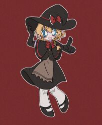 1girl absurdres apron artist_request black_capelet black_gloves black_hat black_shoes black_skirt black_vest blonde_hair blue_eyes bow bowtie braid bright_pupils brown_apron buttons capelet commission cookie_(touhou) elbow_gloves full_body gloves hair_bow hand_on_headwear hat hat_bow highres kirisame_marisa looking_at_viewer mary_janes meguru_(cookie) open_mouth pantyhose pointing pointing_at_viewer red_background red_bow red_bowtie second-party_source shoes short_hair side_braid simple_background single_braid skirt skirt_set smile solo standing touhou vest waist_apron white_pantyhose white_pupils witch_hat