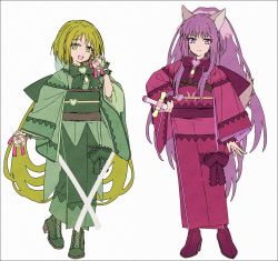 2girls adapted_costume animal_ears bow fujiwara_zakuro green_eyes green_hair hakusai_(tiahszld) holding holding_weapon japanese_clothes kimono long_hair magical_girl mew_lettuce mew_zakuro midorikawa_lettuce multiple_girls ponytail purple_eyes purple_hair short_hair tail tokyo_mew_mew weapon wolf_ears wolf_tail
