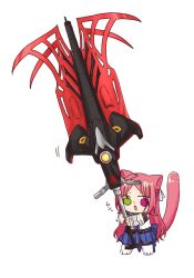 1girl animal_ears animal_hands assault_lily back_bow black_pantyhose blue_bow blue_sailor_collar blue_skirt boots bow cat_ears cat_girl cat_paws cat_tail chibi commentary detached_sleeves full_body green_eyes hair_ribbon hands_up heterochromia holding holding_sword holding_weapon huge_weapon kemonomimi_mode layered_sleeves long_hair long_sleeves looking_at_viewer miniskirt motion_lines neckerchief nigari_(ngari_0115) odaiba_girls_high_school_uniform open_mouth pantyhose parted_bangs paw_shoes pleated_skirt purple_neckerchief red_eyes red_hair ribbon sailor_collar school_uniform serafuku shiba_tomoshibi shirt simple_background skirt sleeveless sleeveless_shirt solid_oval_eyes solo standing sword tail tail_raised translated two-handed v-shaped_eyebrows very_long_hair weapon white_background white_boots white_ribbon white_shirt