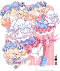 1girl absurdres apron barcode bell blonde_hair blue_apron blush blush_stickers bow bright_pupils cat collared_dress commission cutesu_(cutesuu) double_bun dress english_text eyepatch frilled_bow frills full_body hair_bell hair_bow hair_bun hair_ornament heart heart_in_mouth highres juliet_sleeves kneehighs loafers long_sleeves looking_at_viewer medical_eyepatch medium_hair multiple_views namagaki_ataru open_mouth original outline petticoat pink_dress pink_socks platform_shoes puffy_sleeves purple_eyes shoes signature skeb_commission sleeves_past_fingers sleeves_past_wrists socks standing striped_bow watermark white_cat white_pupils wide-eyed