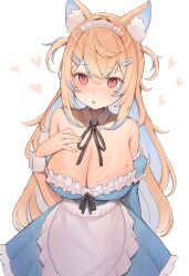 Rule 34 | 1girl, :o, alternate costume, animal ear fluff, animal ears, apron, bandaid, bandaid hair ornament, black ribbon, blonde hair, blue dress, blue hair, blue sleeves, blush, breasts, cleavage, colored inner animal ears, colored inner hair, commentary, detached collar, detached sleeves, dog ears, dog girl, dress, fuwawa abyssgard, hair ornament, hairpin, hand on own chest, heart, highres, hololive, hololive english, large breasts, long hair, looking at viewer, maid, maid headdress, multicolored hair, multiple hairpins, neck ribbon, parted lips, pink eyes, ribbon, shiny skin, solo, strapless, strapless dress, streaked hair, sweat, szuukie, two-tone hair, two side up, very long hair, virtual youtuber, waist apron, white apron, white background, white wrist cuffs, wrist cuffs