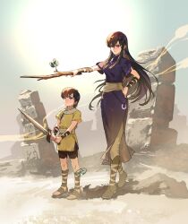 1boy 1girl ayra_(fire_emblem) black_hair boots breasts fire_emblem fire_emblem:_genealogy_of_the_holy_war gladiator_sandals highres holding holding_sword holding_weapon nintendo pillar purple_tunic sandals shannan_(fire_emblem) stick suzuki_rika sword tunic weapon