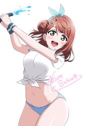 1girl absurdres artist_name azuresakura bikini blue_bikini blush breasts hair_bun highres holding holding_hose hose large_breasts looking_at_viewer love_live! love_live!_nijigasaki_high_school_idol_club medium_hair midriff navel open_mouth pink_hair shirt simple_background single_side_bun smile solo swimsuit tied_shirt uehara_ayumu water white_background white_shirt yellow_eyes